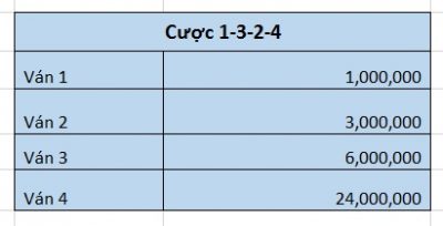 Bảng ví dụ cược 1-3-2-4- 